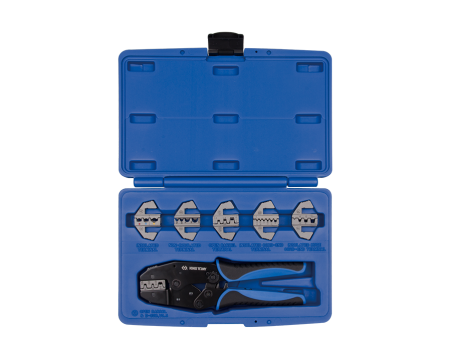 Box set of ratchet crimping pliers with interchang