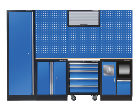 Full workshop storage solution (black/blue/wood) -