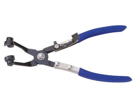 Angled pliers for self-tightening hose clamps